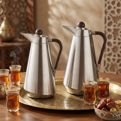 طقم ترامس طريف السيف غاليري، 1/0.7 لتر، حافظة داخلية زجاج، يد خشبي غامق، غطاء ضغاط - فضي product image 2