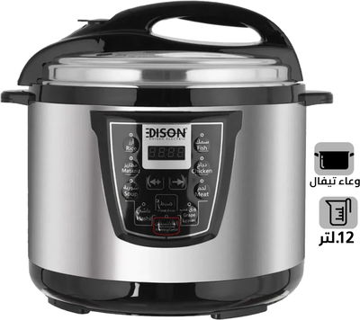 قدر ضغط كهربائي إديسون، وعاء داخلي تيفال، 1600 واط، 12 لتر، 8 وظائف طبخ، VT-1202D - فضي اسود product image 1