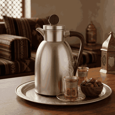 Al Saif Gallery Stainless Steel Yarn Thermos, 1.3 Liters, Glass Inner Container, Push Button, Wooden Handle - Matte Silver product image 2