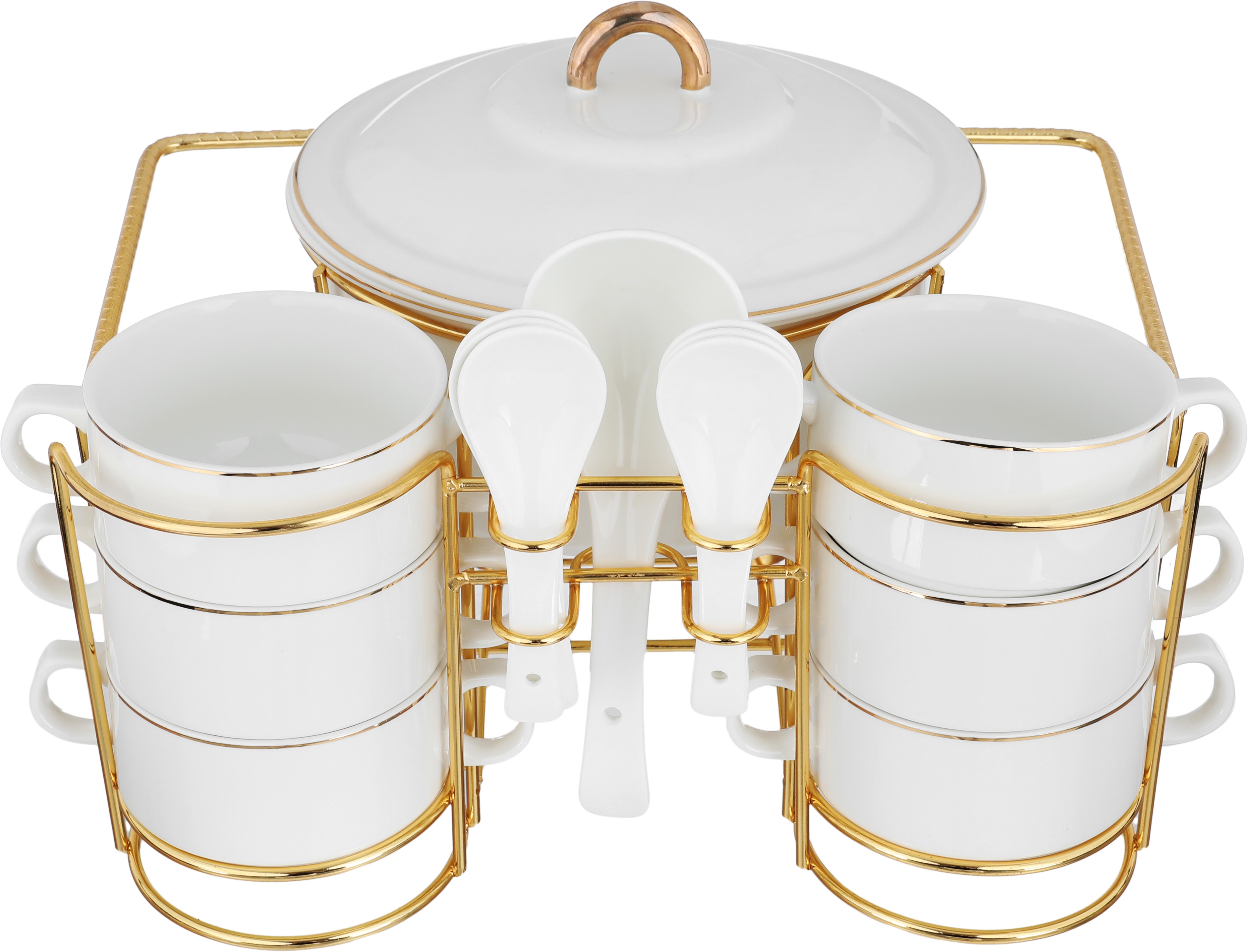 One More Porcelain Soup Set with Stand, 16 Pieces - White Gold product image