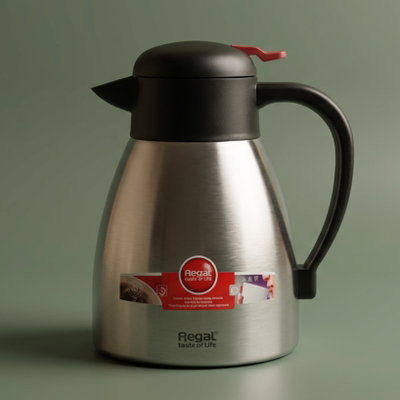 Regal Thermos, 1.2 Liter, Stainless Steel Inner Container, Stainless Steel/Plastic Outer Body, Push Button - Black/Silver product image 1