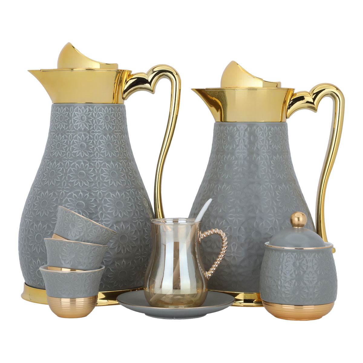 طقم ترامس زجاج وفناجين قهوة وبيالات شاي بورسلان السيف غاليري، 52 قطعة - رمادي ذهبي product image 1