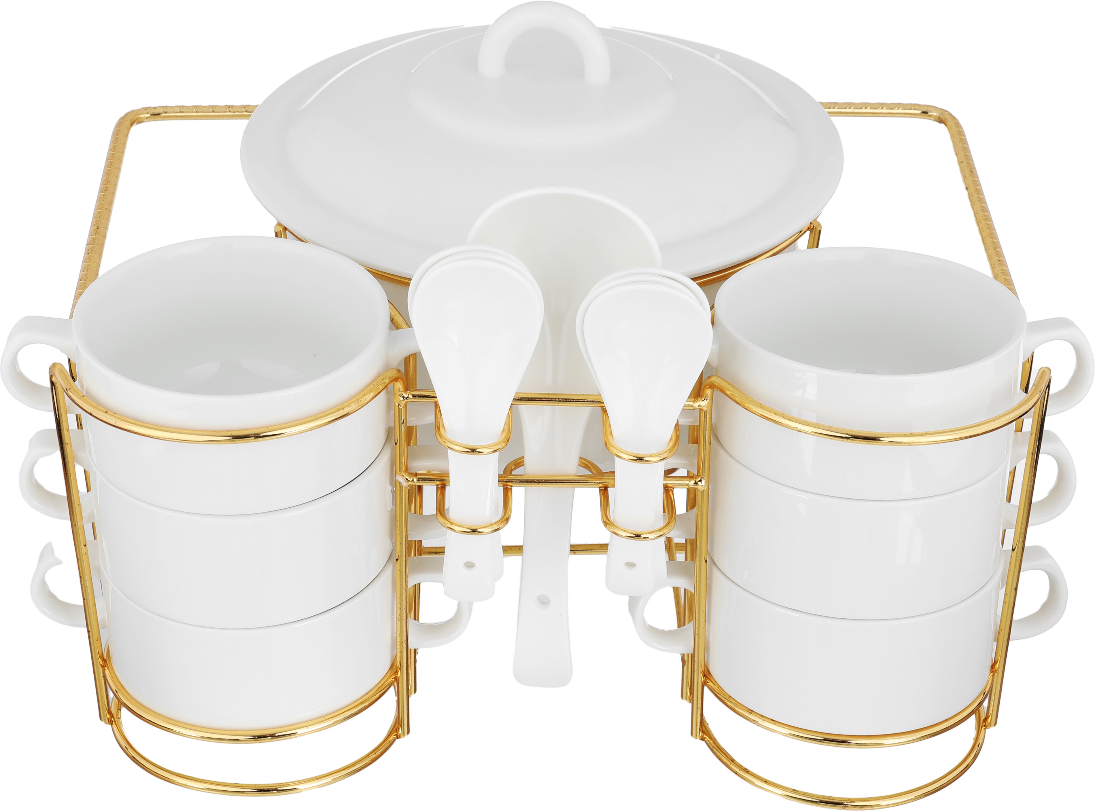 One More Porcelain Soup Set with Stand, 16 Pieces - White Gold product image
