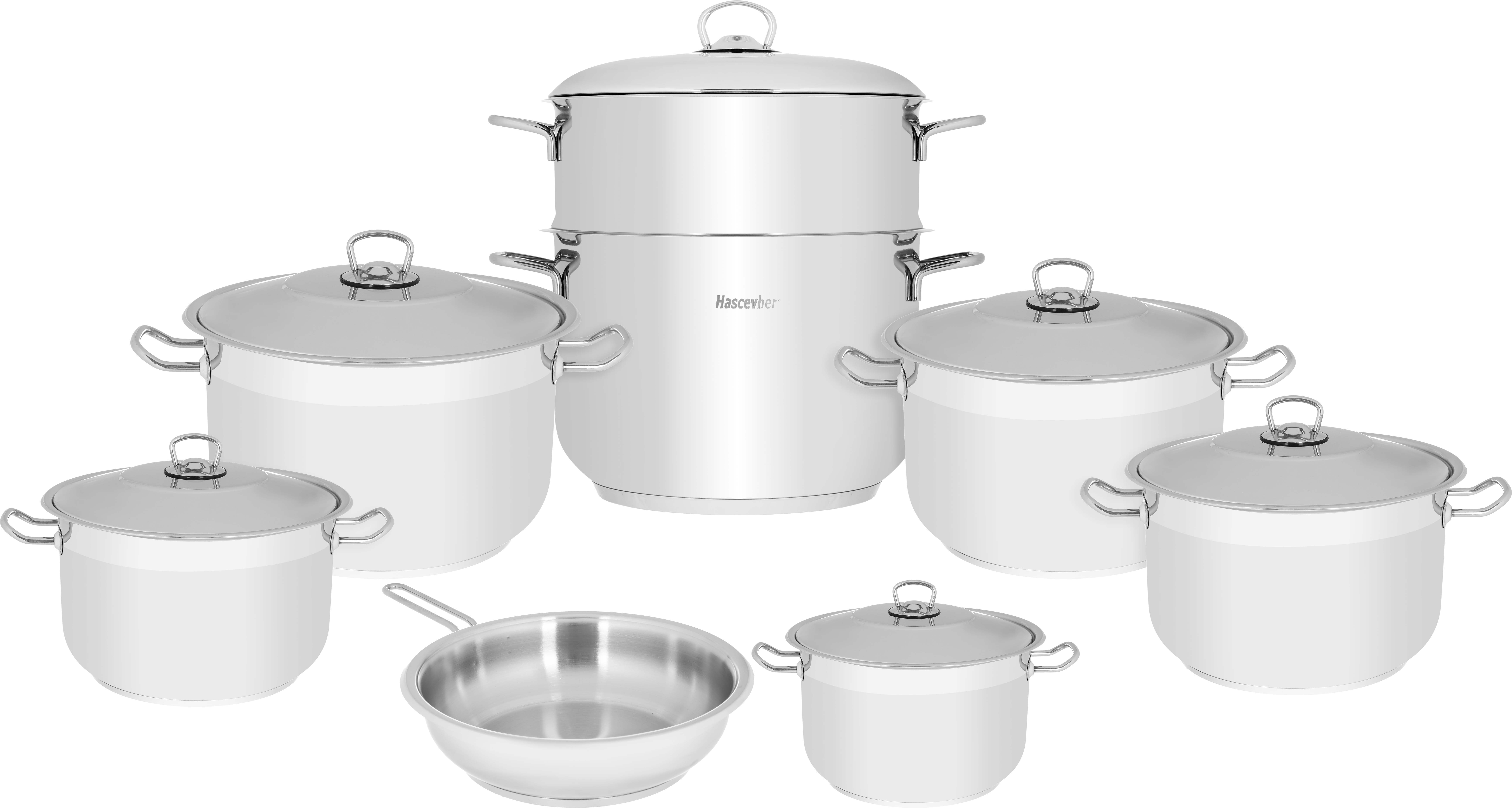 HASCEVHER Steel Cookware Set, 14 Pieces, 16 / 18 / 22 / 26 / 28 / (26) / 32 cm, Turkish - Silver product image