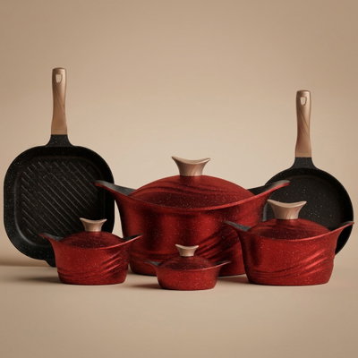 طقم قدور جرانيت تيتانيوم نيوكلاين، 14 قطع، مقبض خشبي - احمر غامق product image 1
