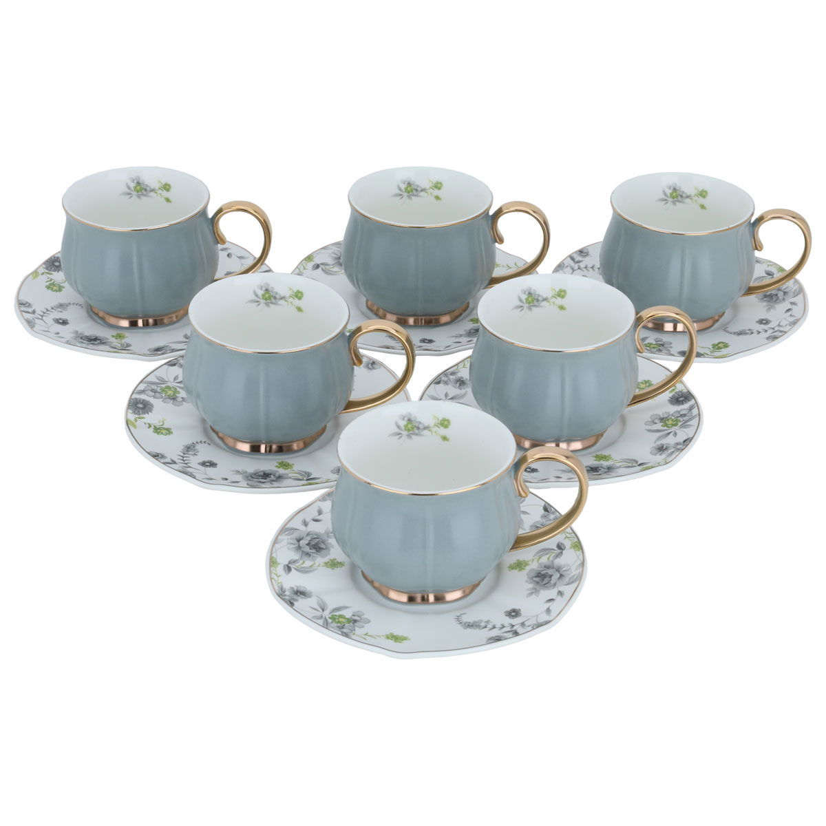 Al Saif Gallery porcelain coffee cup set, rose pattern, with saucer, 12 pieces - light gray product image 2