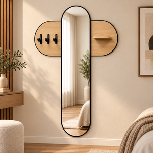 مرآة مدخل منزل زجاج، 80×120×30 سم، لوح تعليق خشبي، خطافات تعليق معدنية - بيج product image