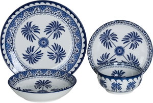 Al Saif Gallery Porcelain Dinnerware Set, 24 Pieces, Blue and White Palm Tree Design product image