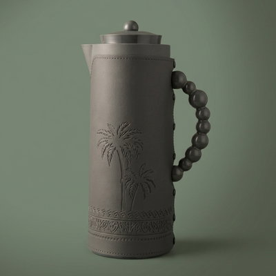 Al Saif Gallery Royal 7T thermos, 1 liter, leather covered, palm pattern, glass inner case, plastic outer case - dark gray product image 1
