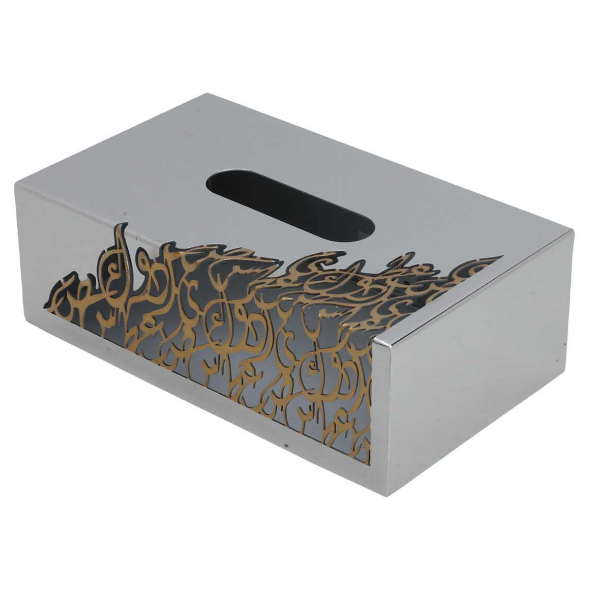 Al Saif Gallery steel tissue box, 24 x 14 x 8 cm, gold-silver lettering pattern product image