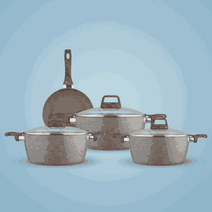 طقم قدور جرانيت روكي، 7 قطع، مسكة يد خشبي، غطاء زجاج - بني product image