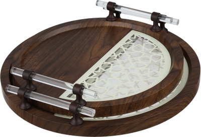 Al Saif Gallery Acrylic Wood Tray Set, 2 Pieces, Clearhandle, Islamic Pattern - Dark Off White Wood product image 1
