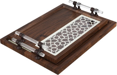 Al Saif Gallery Acrylic Wood Tray Set, 2 Pieces, Clearhandle, Rectangular - Dark Off White Wood product image 1