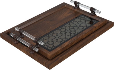 Al Saif Gallery Acrylic Wood Tray Set, 2 Pieces, Clearhandle, Islamic Pattern - Dark Black Wood product image 1