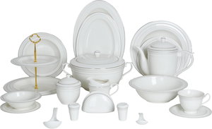 طقم تقديم سفرة بورسلان السيف غاليري، 65 قطعة، نقش فضي - أبيض product image