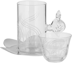 Al Saif Gallery Glass Cups and Saucers Set, 18 Pieces, with Stainless Steel Saucers - Clear Silver product image