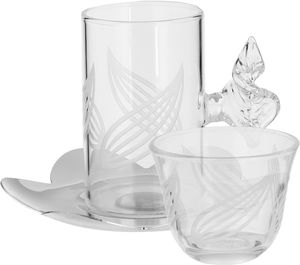 Al Saif Gallery Glass Cups and Saucers Set, 18 Pieces, with Stainless Steel Saucers - Clear Silver product image