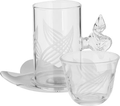 Al Saif Gallery Glass Cups and Saucers Set, 18 Pieces, with Stainless Steel Saucers - Clear Silver product image 1