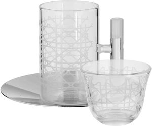Al Saif Gallery Glass Cups and Saucers Set, 18 Pieces, with Stainless Steel Saucers - Clear Silver product image