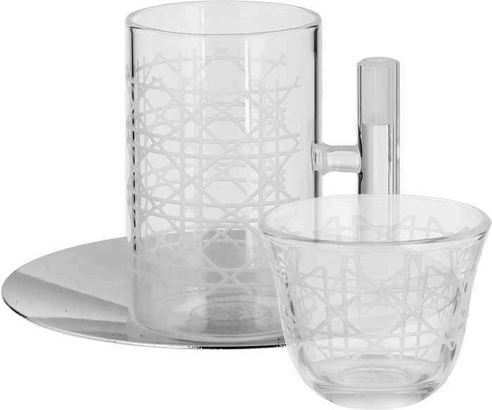 Al Saif Gallery Glass Cups and Saucers Set, 18 Pieces, with Stainless Steel Saucers - Clear Silver product image 1