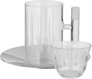 Al Saif Gallery Glass Cups and Saucers Set, 18 Pieces, with Stainless Steel Saucers - Clear Silver product image