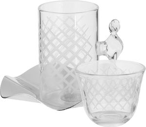 Al Saif Gallery Glass Cups and Saucers Set, 18 Pieces, with Stainless Steel Saucers - Clear Silver product image