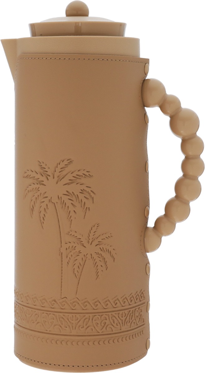 Al Saif Gallery Royal 7T thermos, 1 liter, leather covered, palm tree pattern, glass inner case, plastic outer body - light brown product image 1