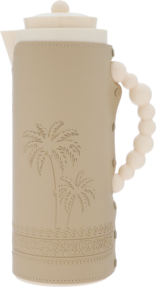 Al Saif Gallery Royal 7T thermos, 1 liter, leather covered, palm tree pattern, glass inner case, plastic outer shell - beige product image 1