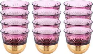 Amber Saudi Coffee Cup Set, Stainless Steel Glass, 12 Pieces, 80ml, Gold Base - Purple Gold product image