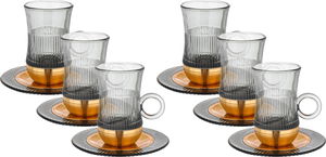Amber Stainless Steel Glass Tea Cups and Saucers Set, 12 Pieces, 120 ml, Gold-Grey Gold Base 120 ml, Gold-Grey Gold Base product image