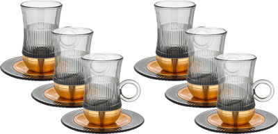 Amber Stainless Steel Glass Tea Cups and Saucers Set, 12 Pieces, 120 ml, Gold-Grey Gold Base 120 ml, Gold-Grey Gold Base product image 1