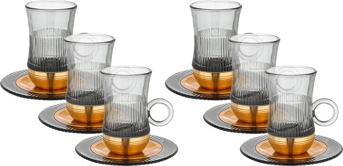 Amber Stainless Steel Glass Tea Cups and Saucers Set, 12 Pieces, 120 ml, Gold-Grey Gold Base 120 ml, Gold-Grey Gold Base product image 1
