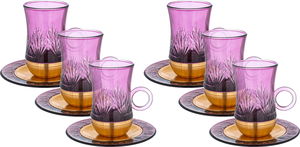 Amber Stainless Steel Glass Tea Cups and Saucers Set, 12 Pieces, 120 ml, Gold Base - Grey Gold 120 ml, Gold Base - Purple Gold product image