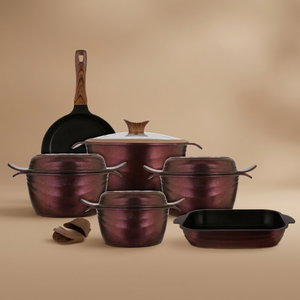 طقم قدور جرانيت تيتانيوم نيوكلاين، 10 قطع، غطاء زجاج - احمر غامق product image