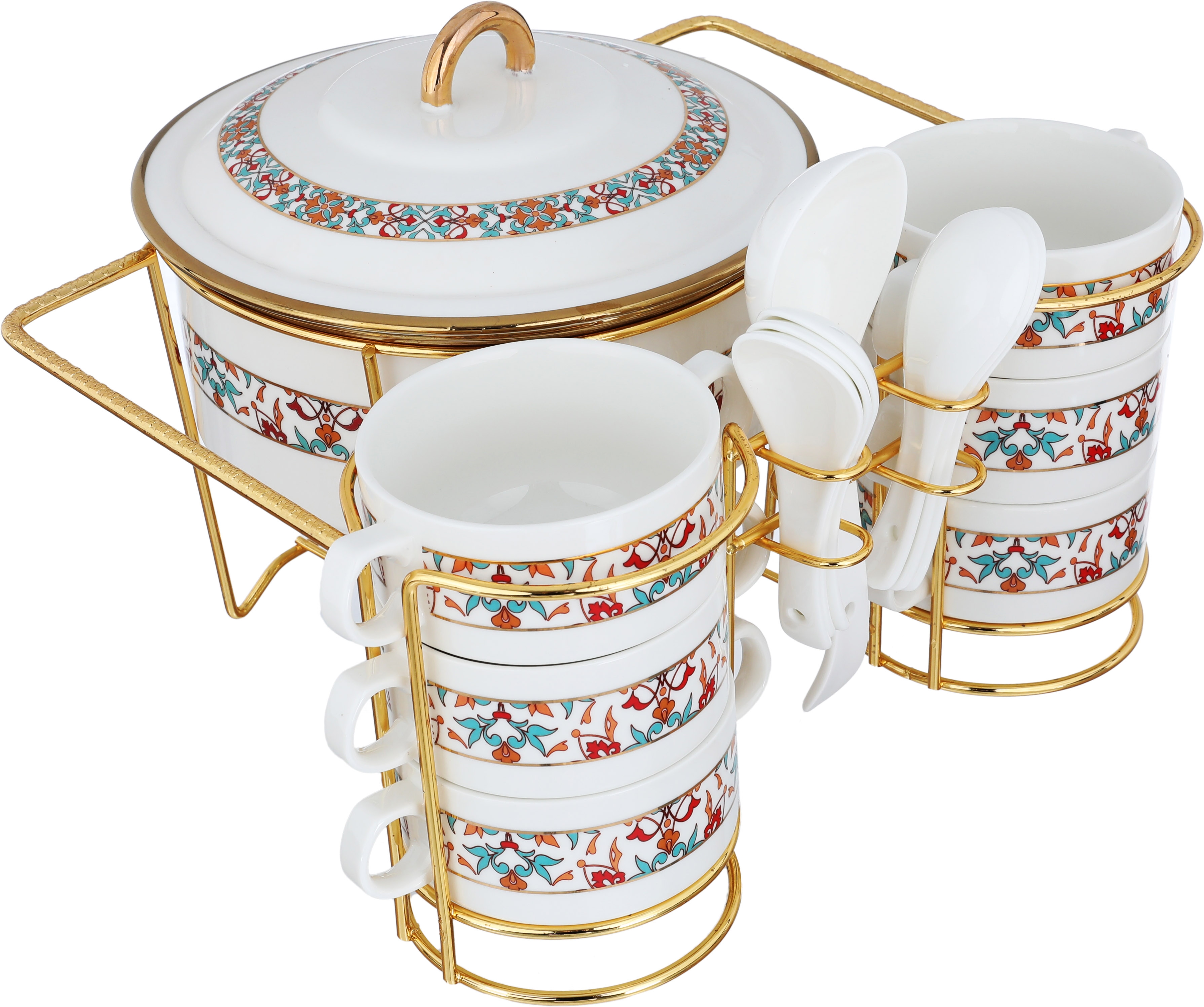 One More Porcelain Soup Set with Stand, 16 Pieces, Decorated - White Gold product image 3