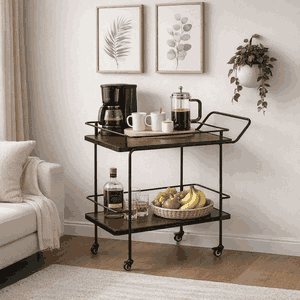 عربة تقديم الطعام خشب و معدن، 83×40×80 سم، 2 رف، عجلات دوارة 360 - كافيه product image