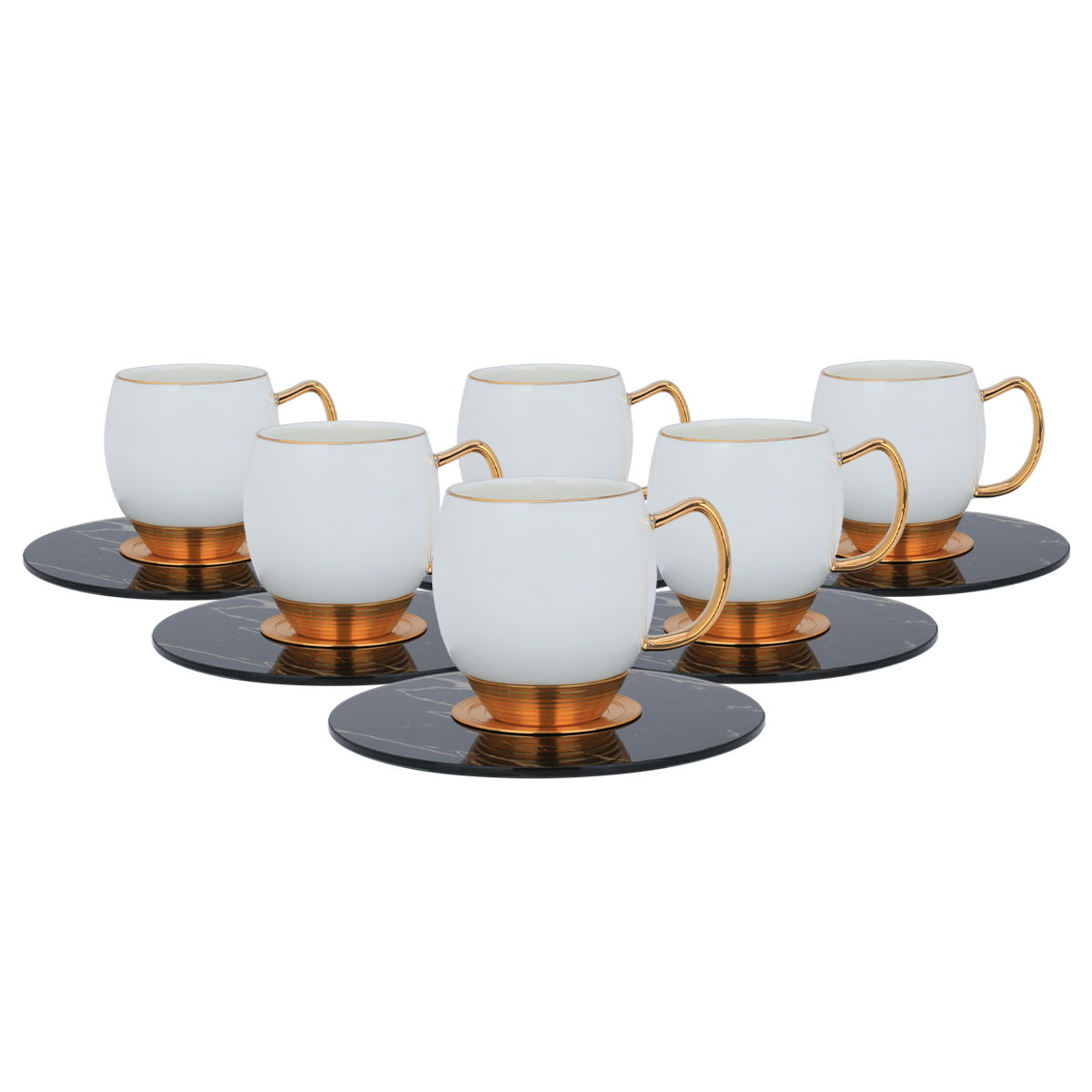 طقم فناجين قهوة بورسلان السيف غاليري، بيد وصحن رخامي أسود بذهبي، 12 قطعة - أبيض product image 4
