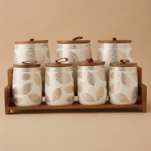 Al Saif Gallery Porcelain Spice Jar Set with Lid and Wooden Stand, 7 Pieces - White product image