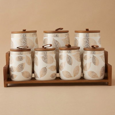 Al Saif Gallery Porcelain Spice Jar Set with Lid and Wooden Stand, 7 Pieces - White product image 1