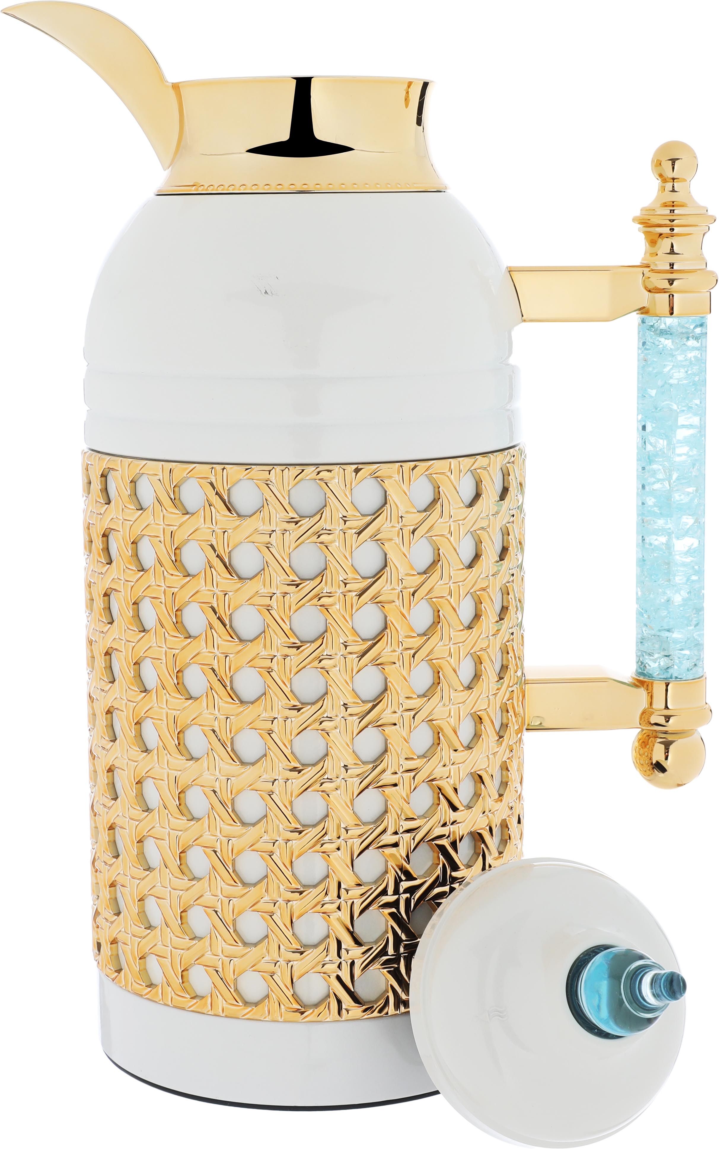 Al Saif Gallery Sarah thermos set, 1 liter, crystal handle, thermal glass inner case, steel outer case - white and golden product image 3