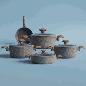 طقم قدور جرانيت بغطاء زجاج فالز، 9 قطع، يد خشب - رمادي غامق product image