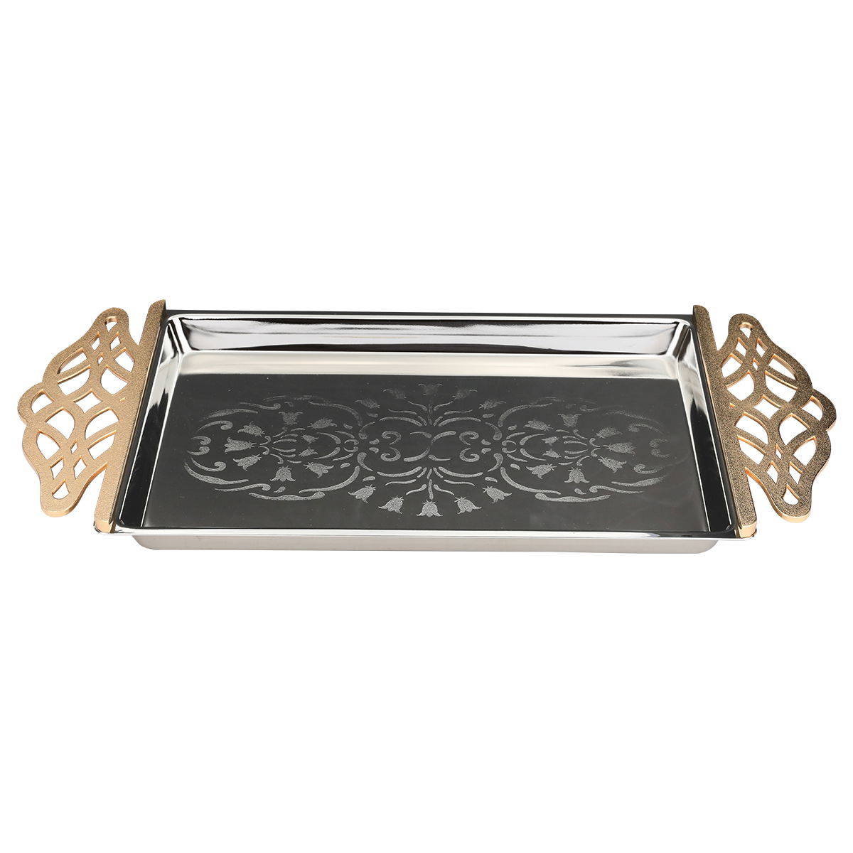 Al Saif Gallery steel tray set with a gold handle, two pieces, rectangular, engraved - silver product image 2