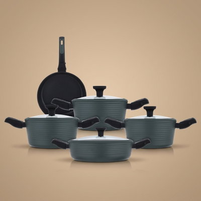 طقم قدور تيفال وألمنيوم بغطاء زجاج روبوست، 9 قطع - أخضر product image 1