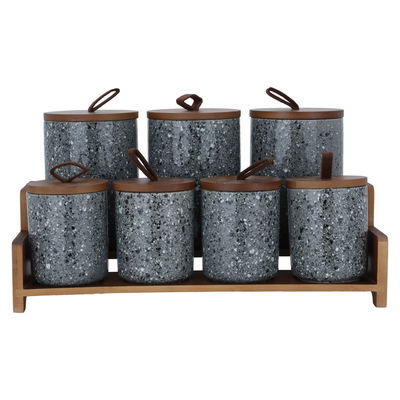 طقم علب بهارات بورسلان السيف غاليري، 7 قطع، حامل خشبي - أسود رخامي product image 1