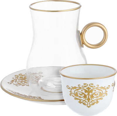 طقم تقديم شاي وقهوة زجاج وبورسلان السيف غاليري، 24 قطعة، مزخرف - ابيض شفاف product image 1