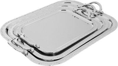 Alsaif Plus Steel Serving Treys Set with engraved edges, 3 pieces, rectangular - silver product image 1