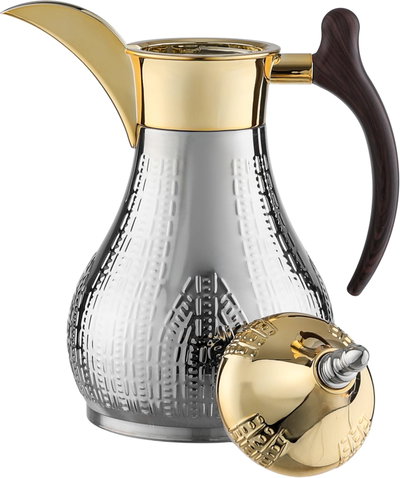 Al Saif Gallery Haila Thermos, 1 liter, wooden handle, steel inner case, steel outer case - silver gold product image 4