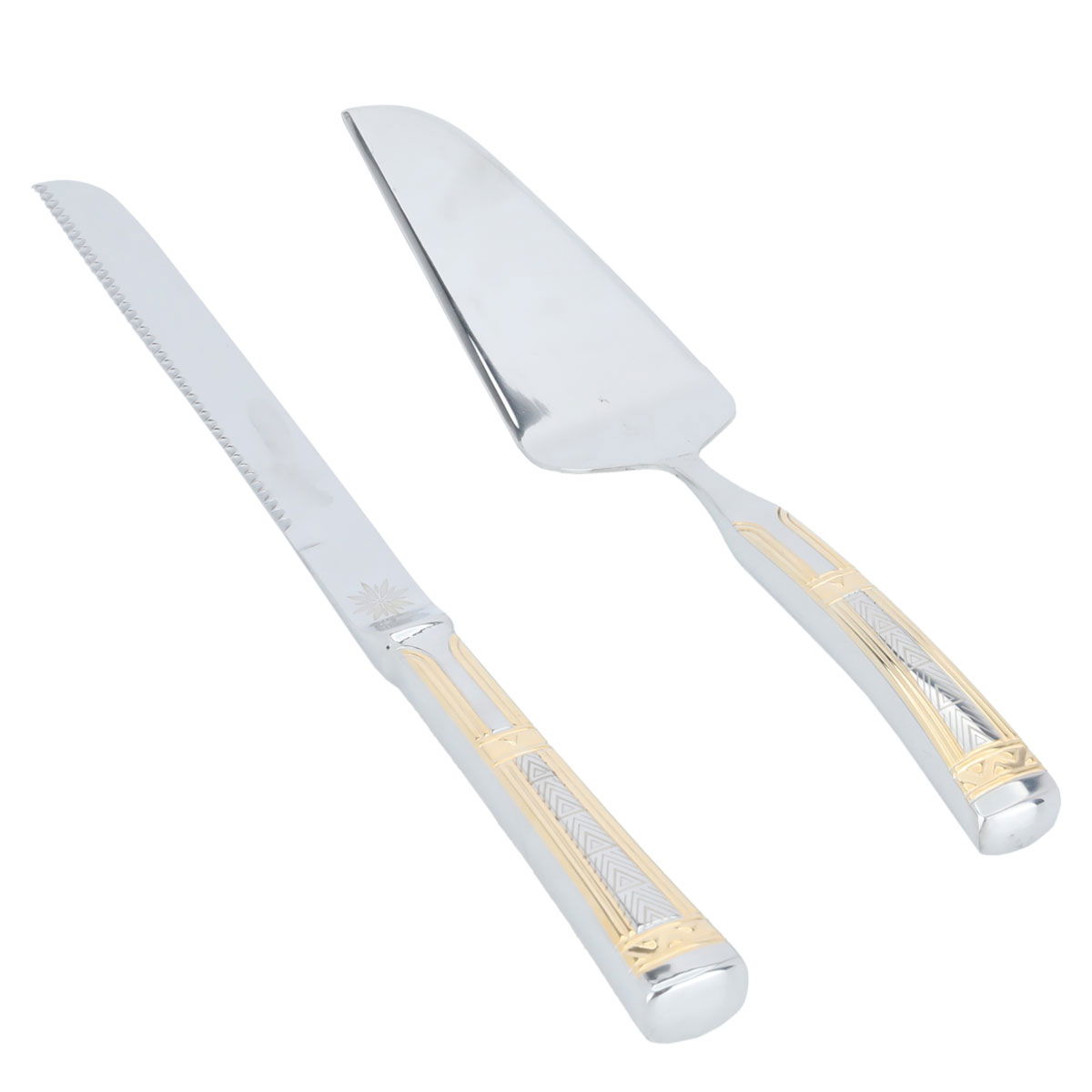 Al Saif Gallery steel cake serving set, 6/9 inch, golden triangle pattern, 2 pieces - silver product image