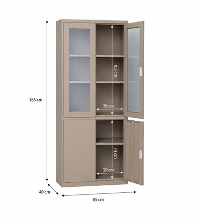 OW-005 Iron office cabinet, 185×85×40 cm, 2 upper glass doors, 2 lower metal doors - Dark Beige product image 3