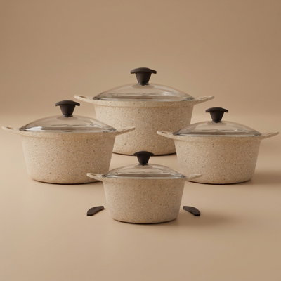 طقم قدور جرانيت فاليز، 8 قطع، غطاء زجاج - بني product image 1